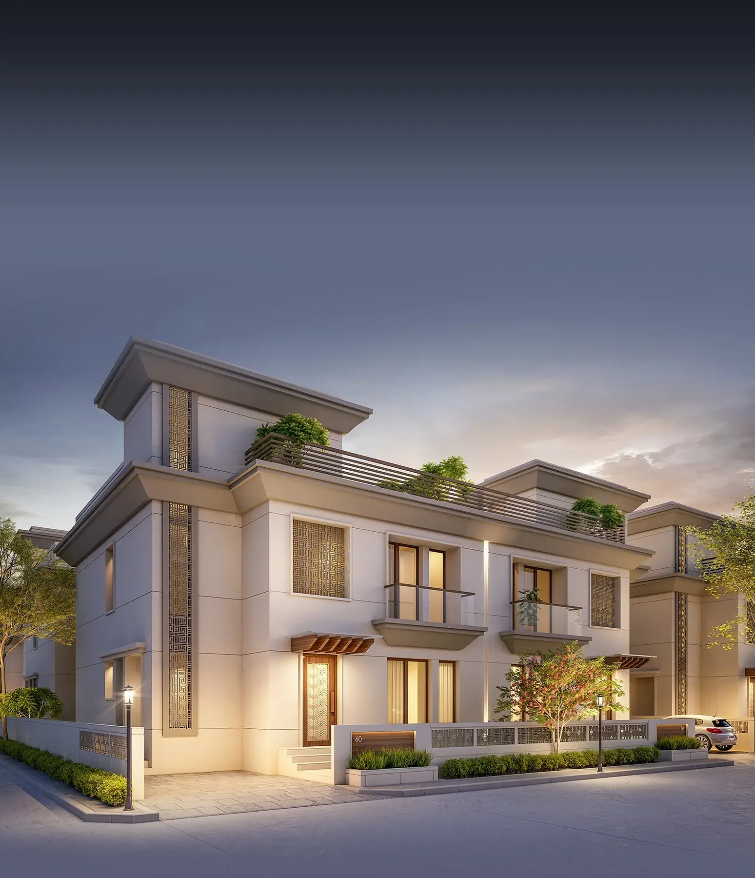 Twilight corner view of the Seven9 Deva's villas