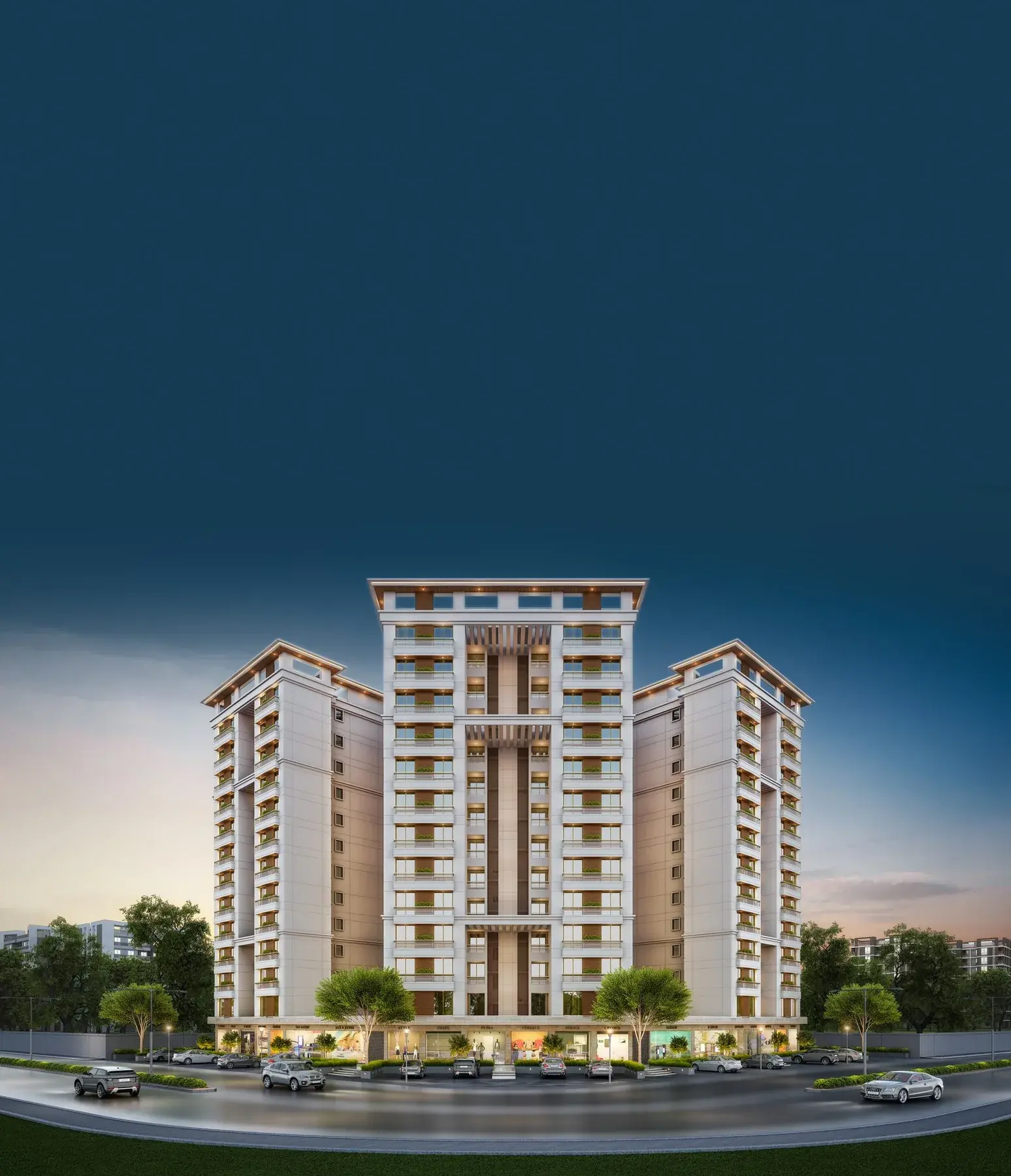 Twilight exterior render of Seven9 Imperia, three residential towers with ground-floor shops