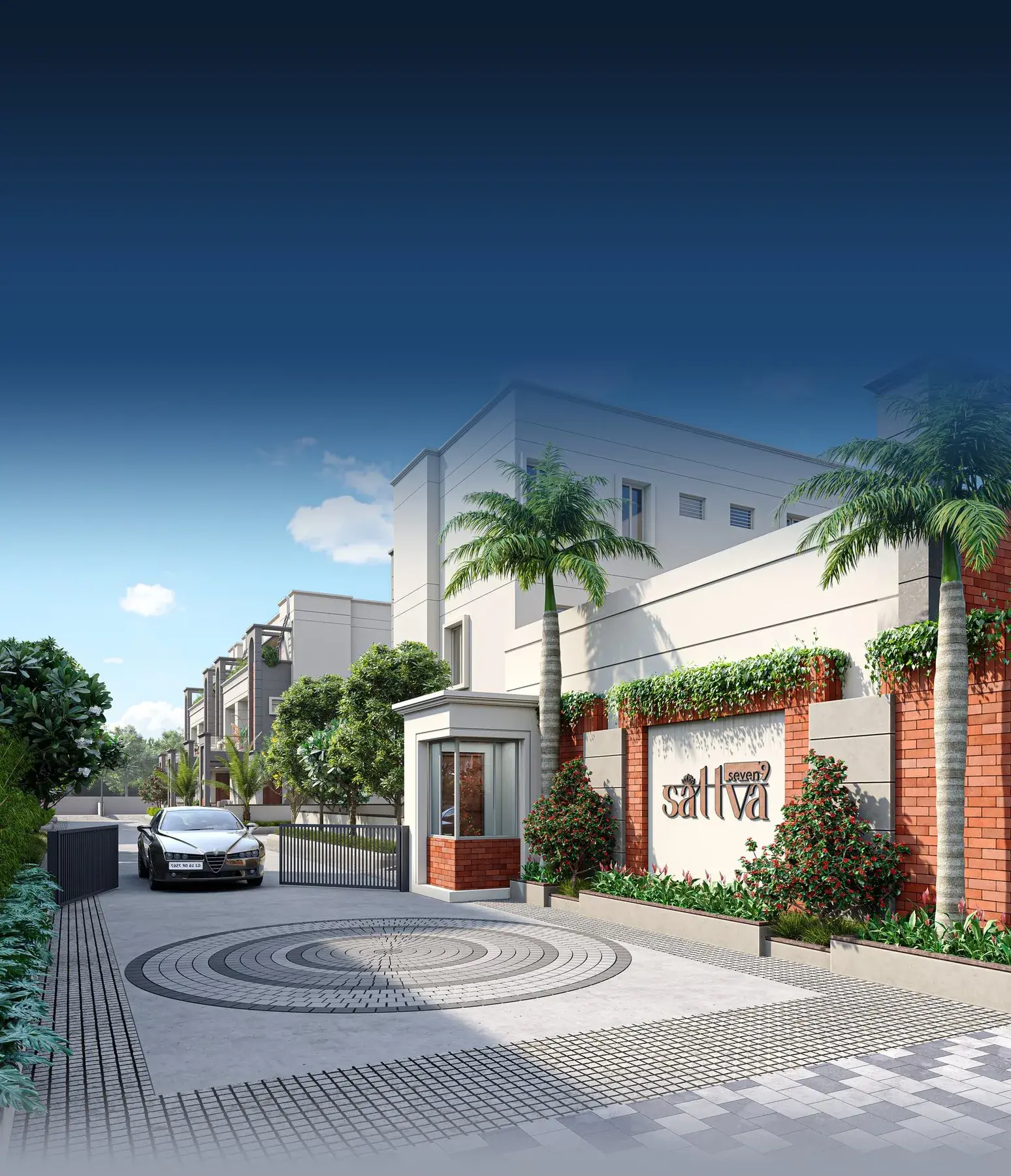 Entrance gate render of Seven9 Sattva with the security cabin and signage