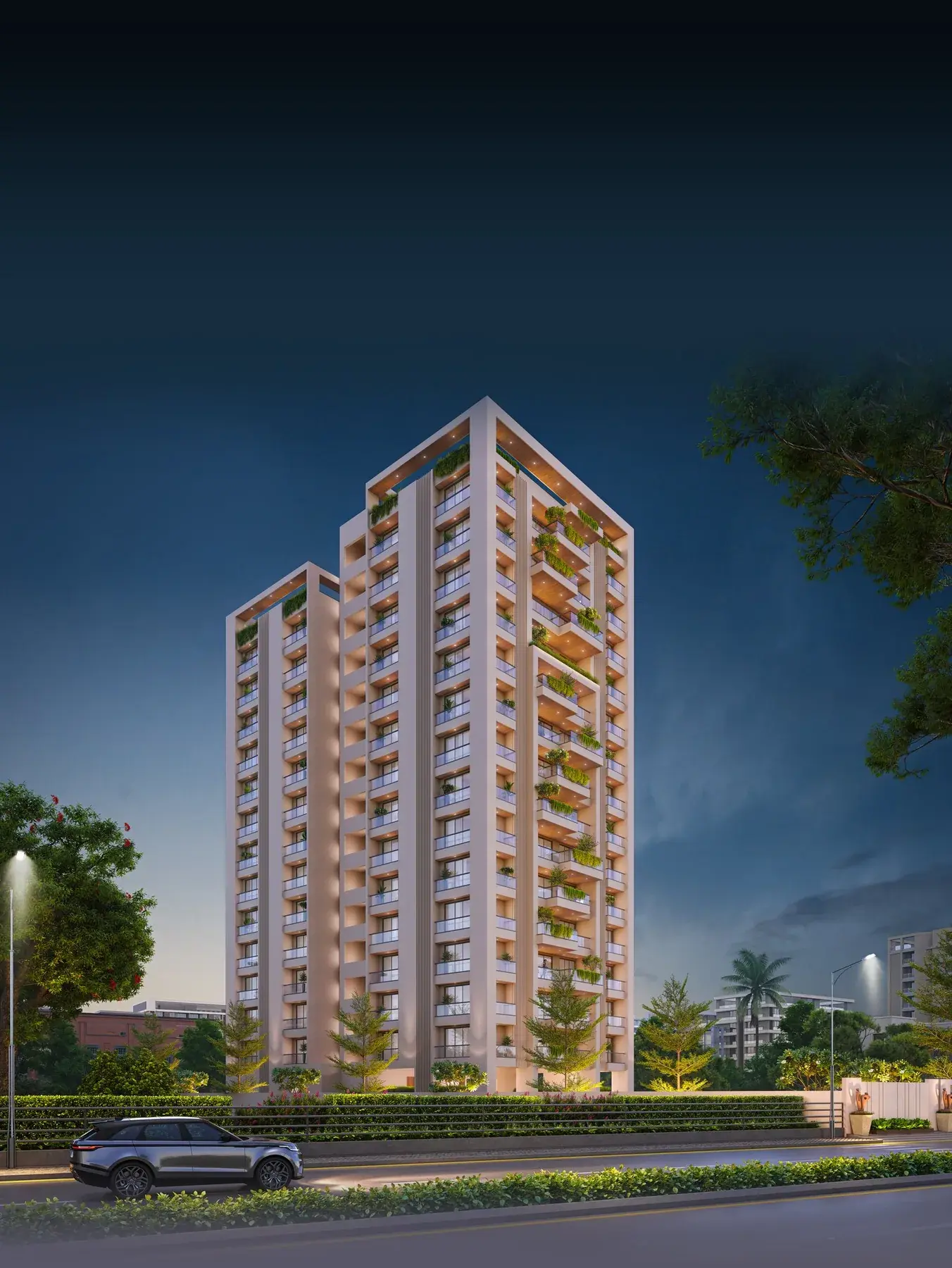 Night corner view of the Seven9 Signature tower