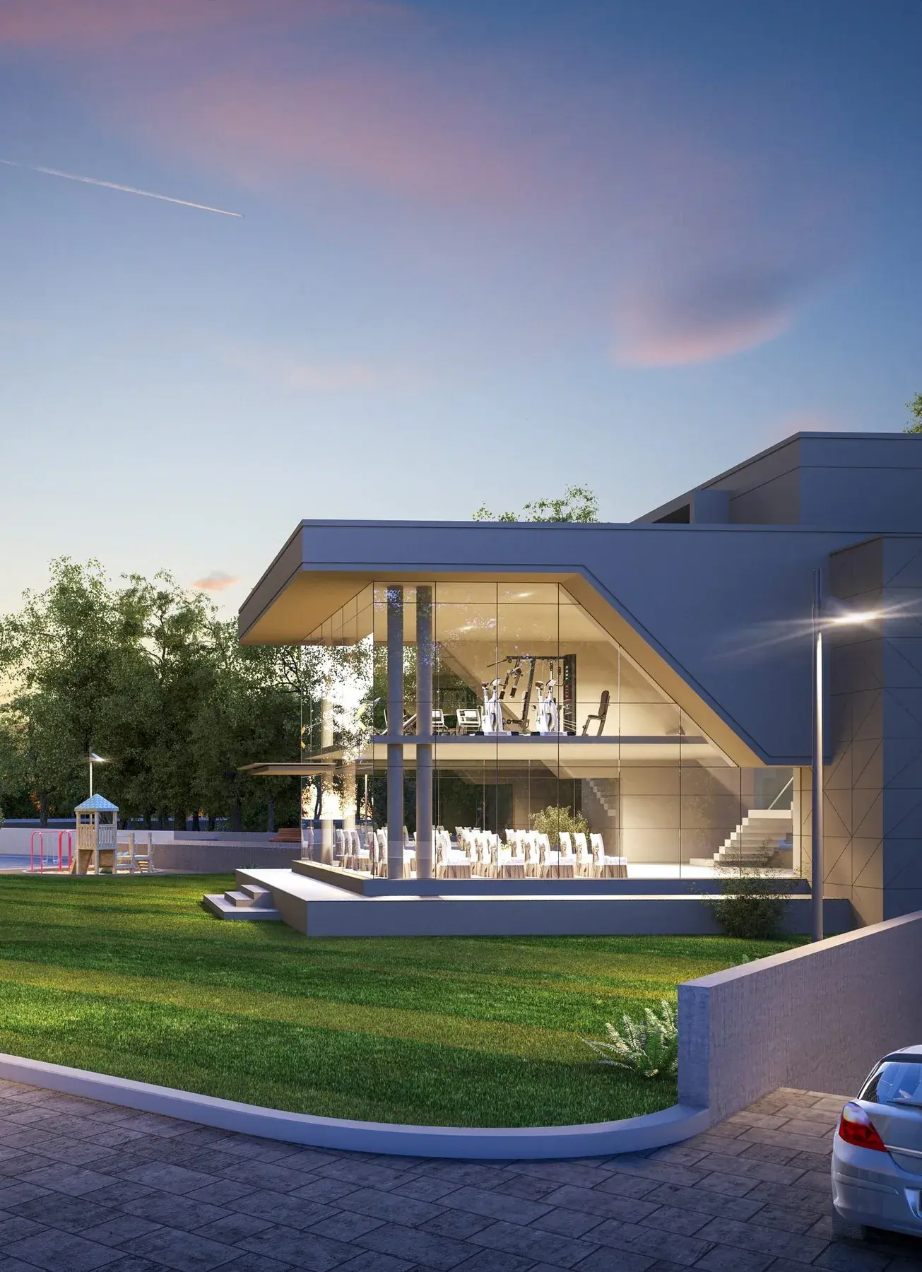 Render of the Seven9 Sky clubhouse with glass-fronted gym and multipurpose hall