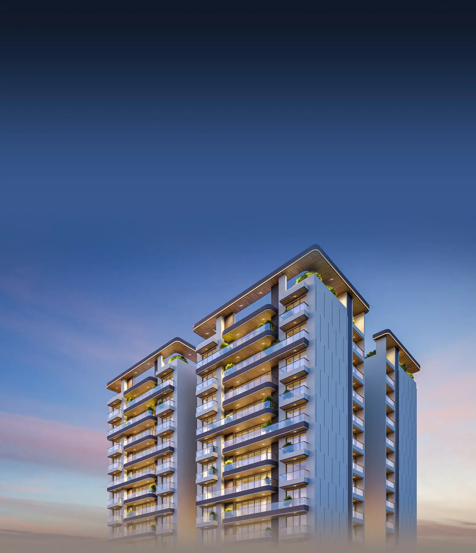 Dusk elevation render of the Seven9 Vierra towers