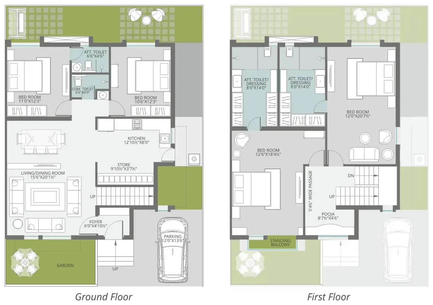Ground and first floor plan of the Type A 4BHK duplex villa