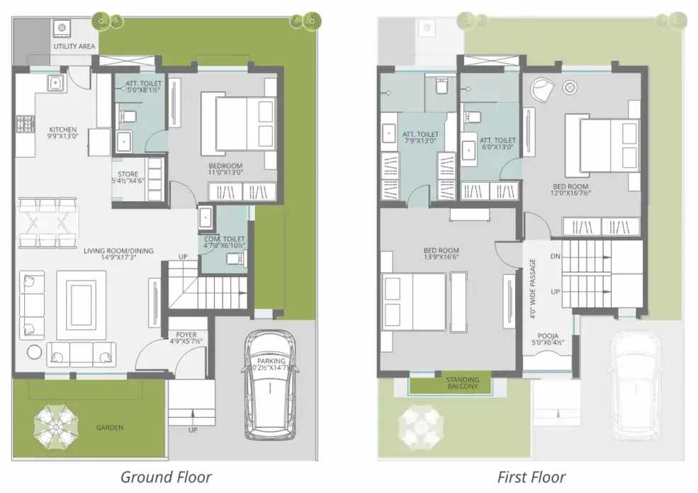 Ground and first floor plan of the Type B 3BHK duplex villa