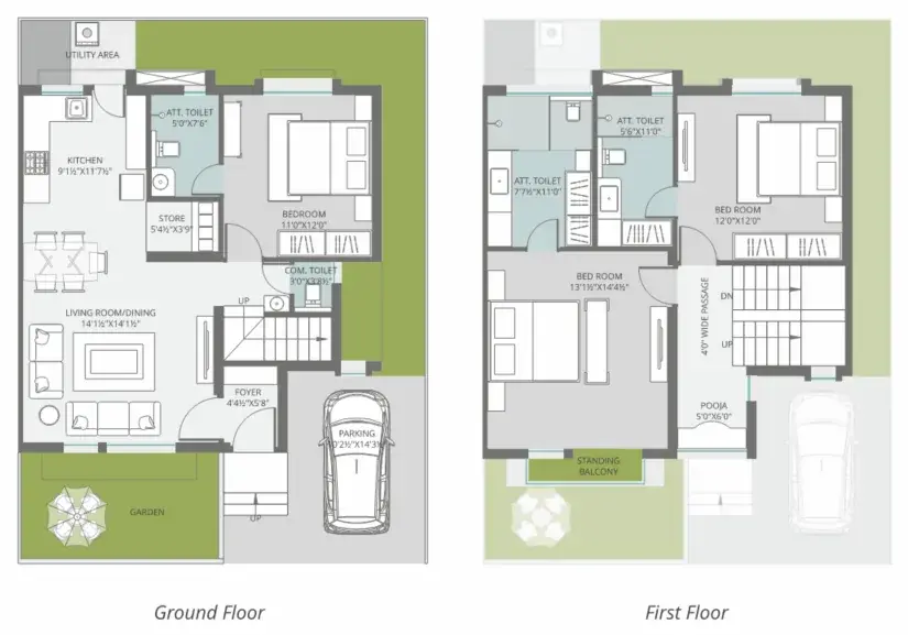 Ground and first floor plan of the Type C 3BHK duplex villa