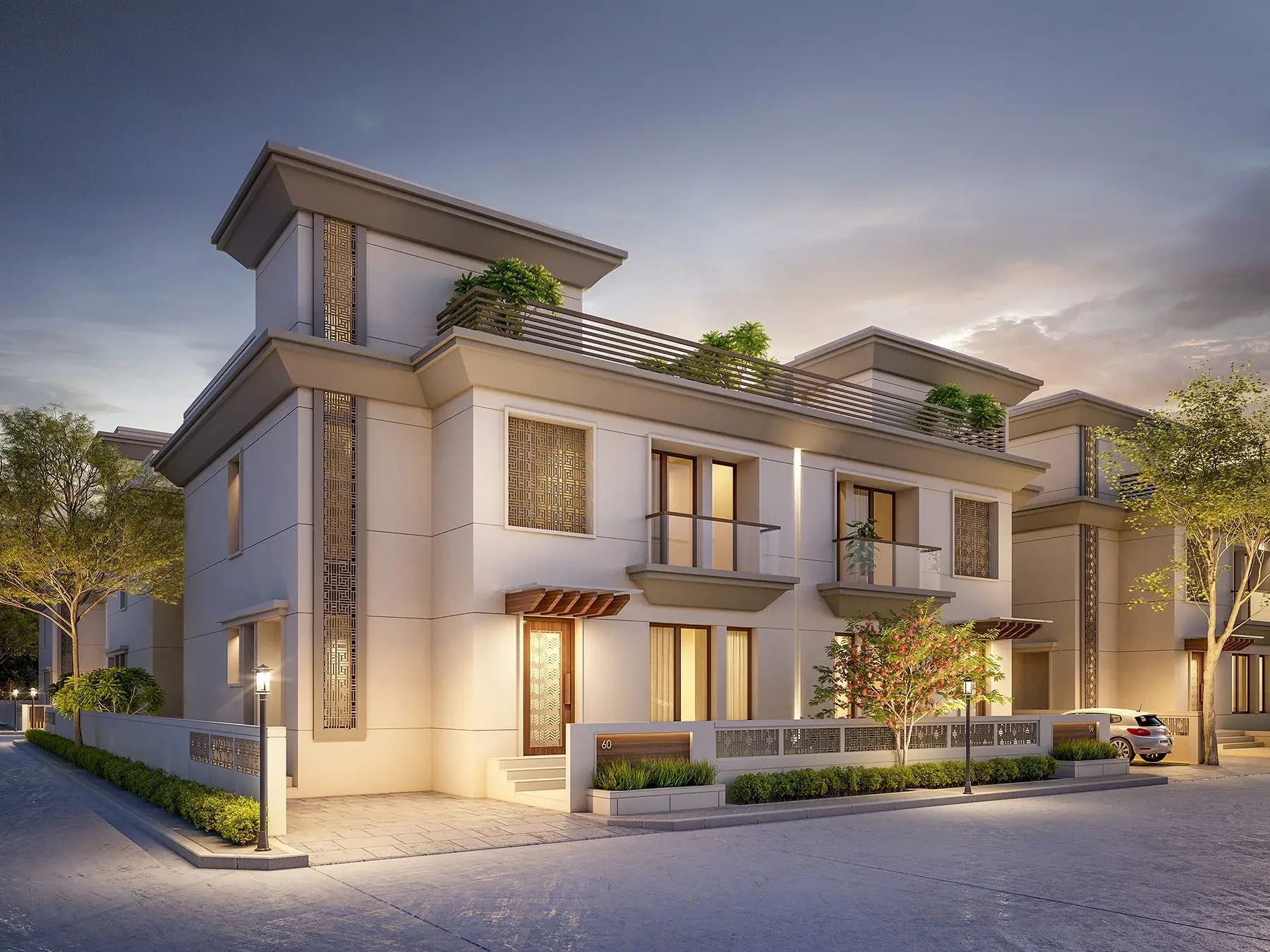 Twilight corner view of the Seven9 Deva's villas