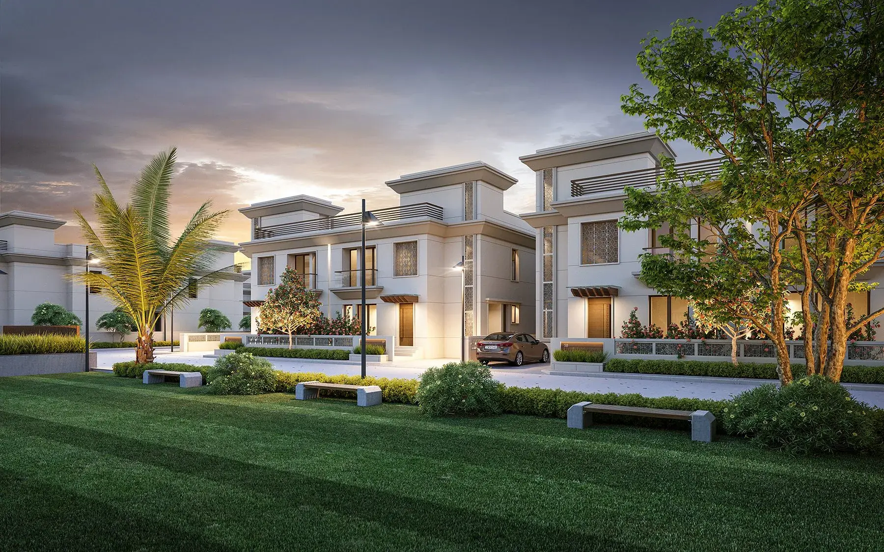 Garden view of the Seven9 Deva's villas at dusk