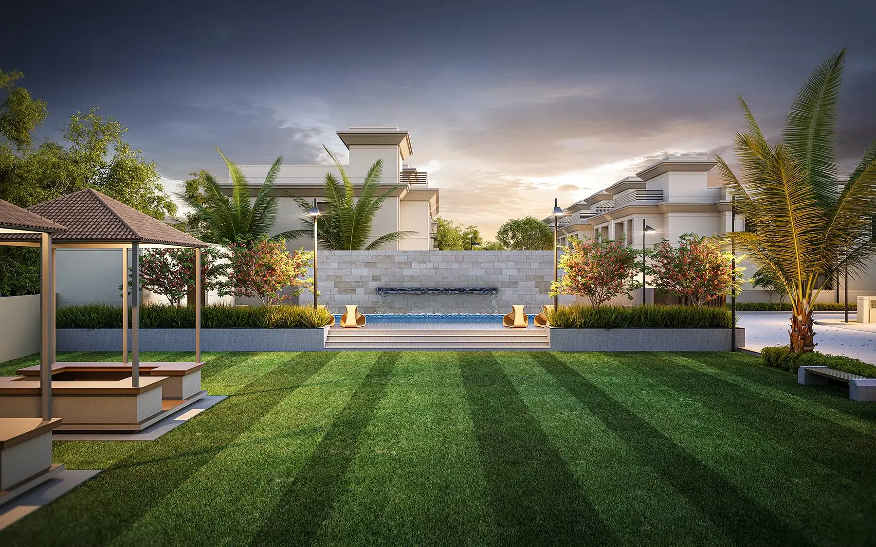 Clubhouse garden with water feature and gazebo seating