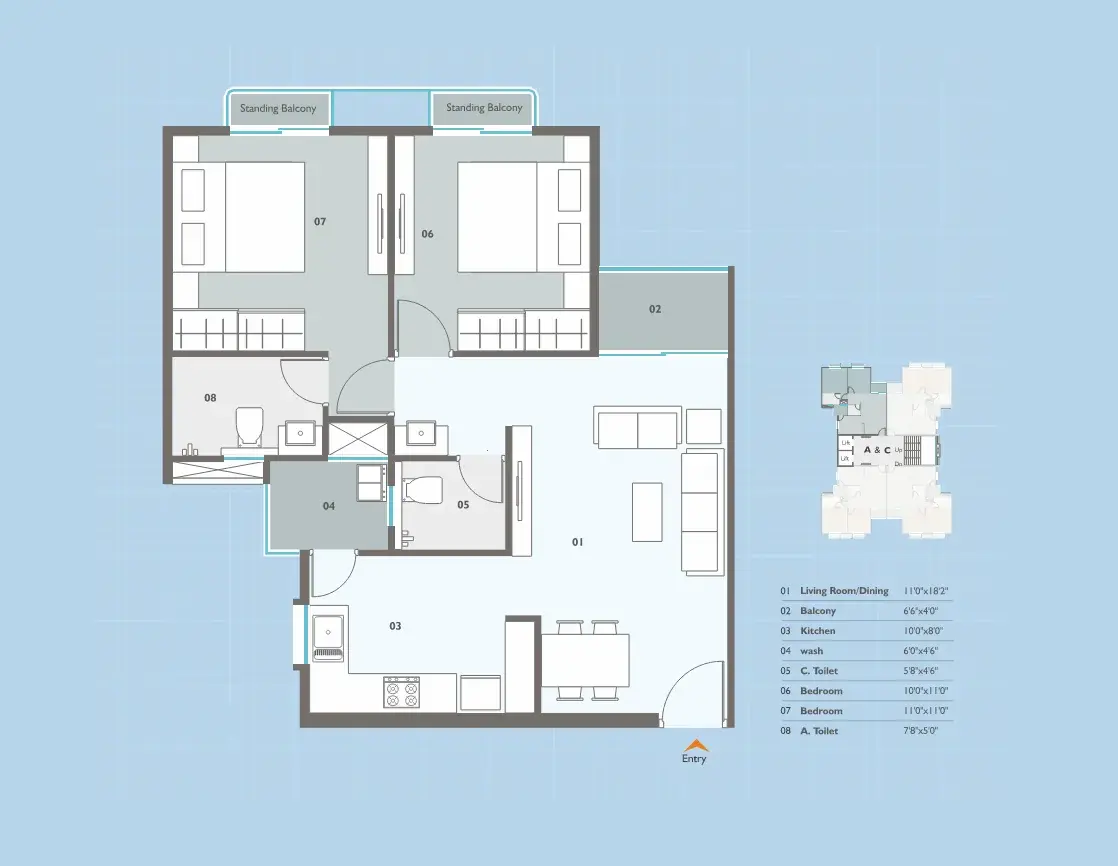 Floor plan of the 2BHK flat, Towers A & C