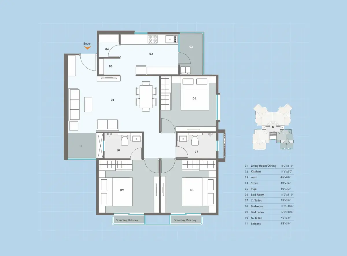 Floor plan of the 3BHK flat, Type A