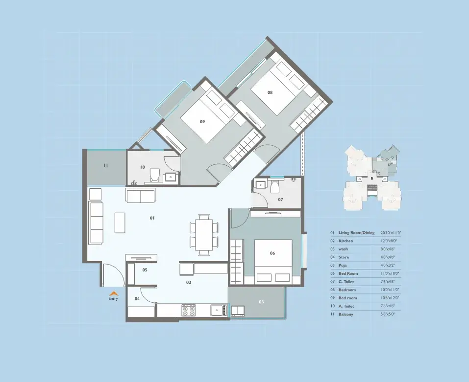 Floor plan of the 3BHK flat, Type B