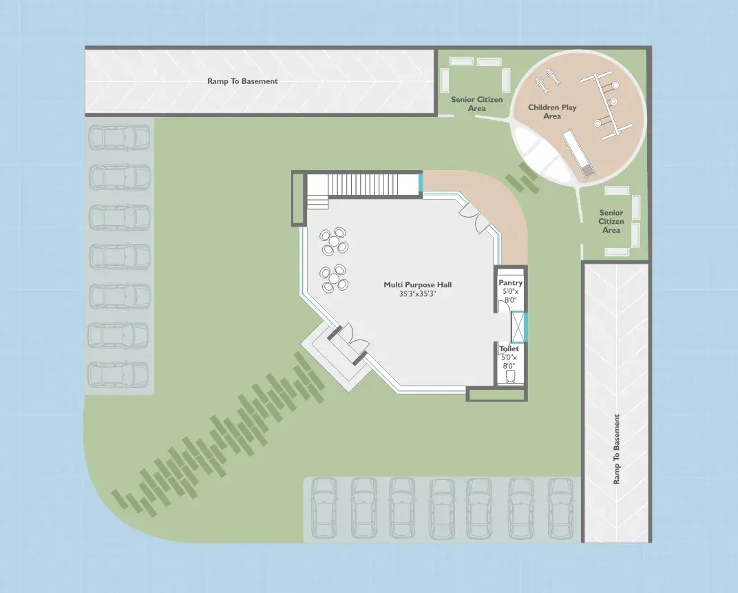 Clubhouse ground floor layout with multipurpose hall and play areas