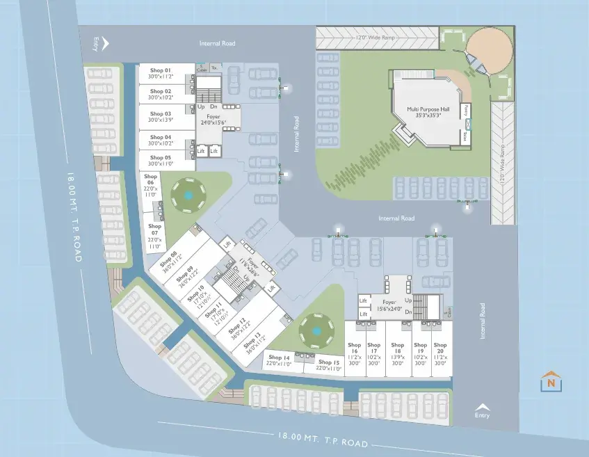 Ground floor layout showing shops, lobbies and the multipurpose hall
