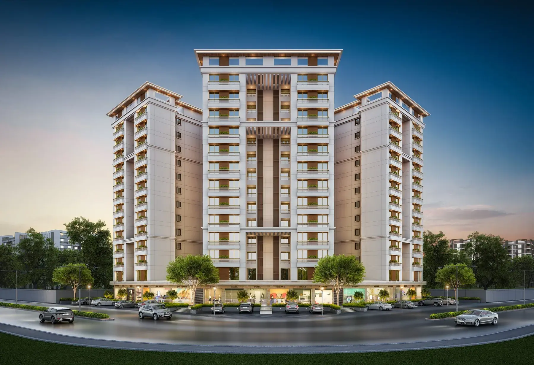 Twilight exterior render of Seven9 Imperia