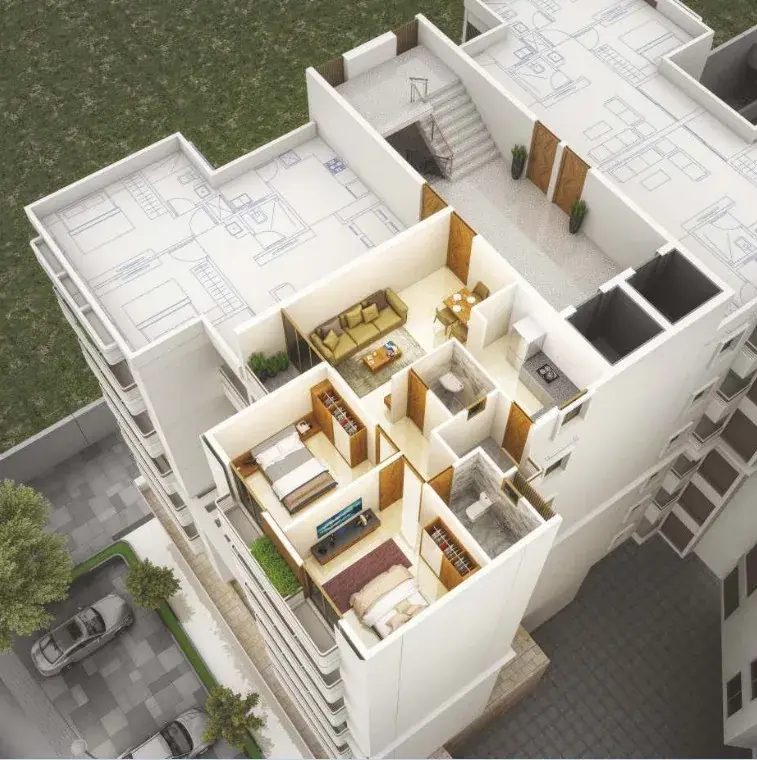 3D cutaway of a 2BHK flat