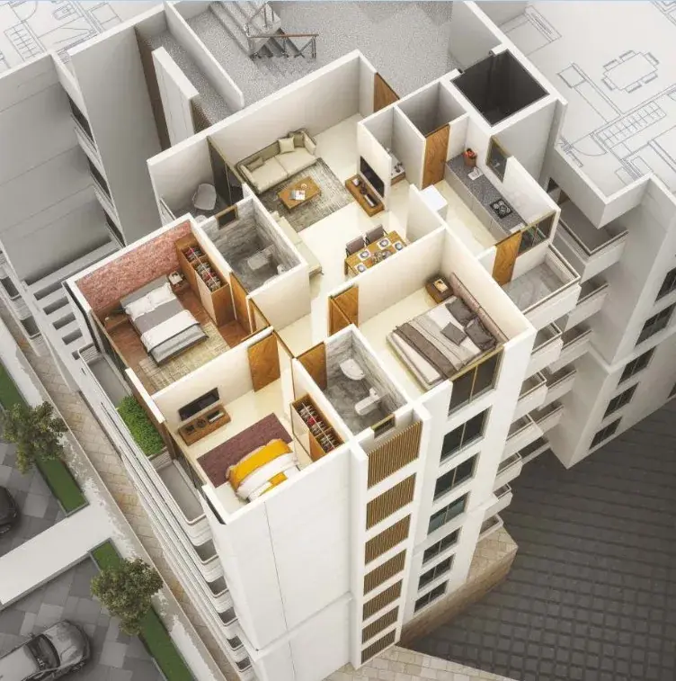 3D cutaway of a 3BHK flat, Type A