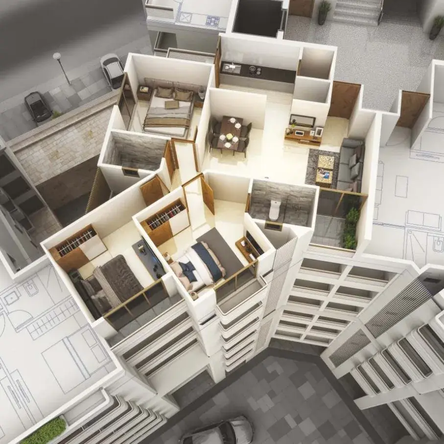 3D cutaway of a 3BHK flat, Type B