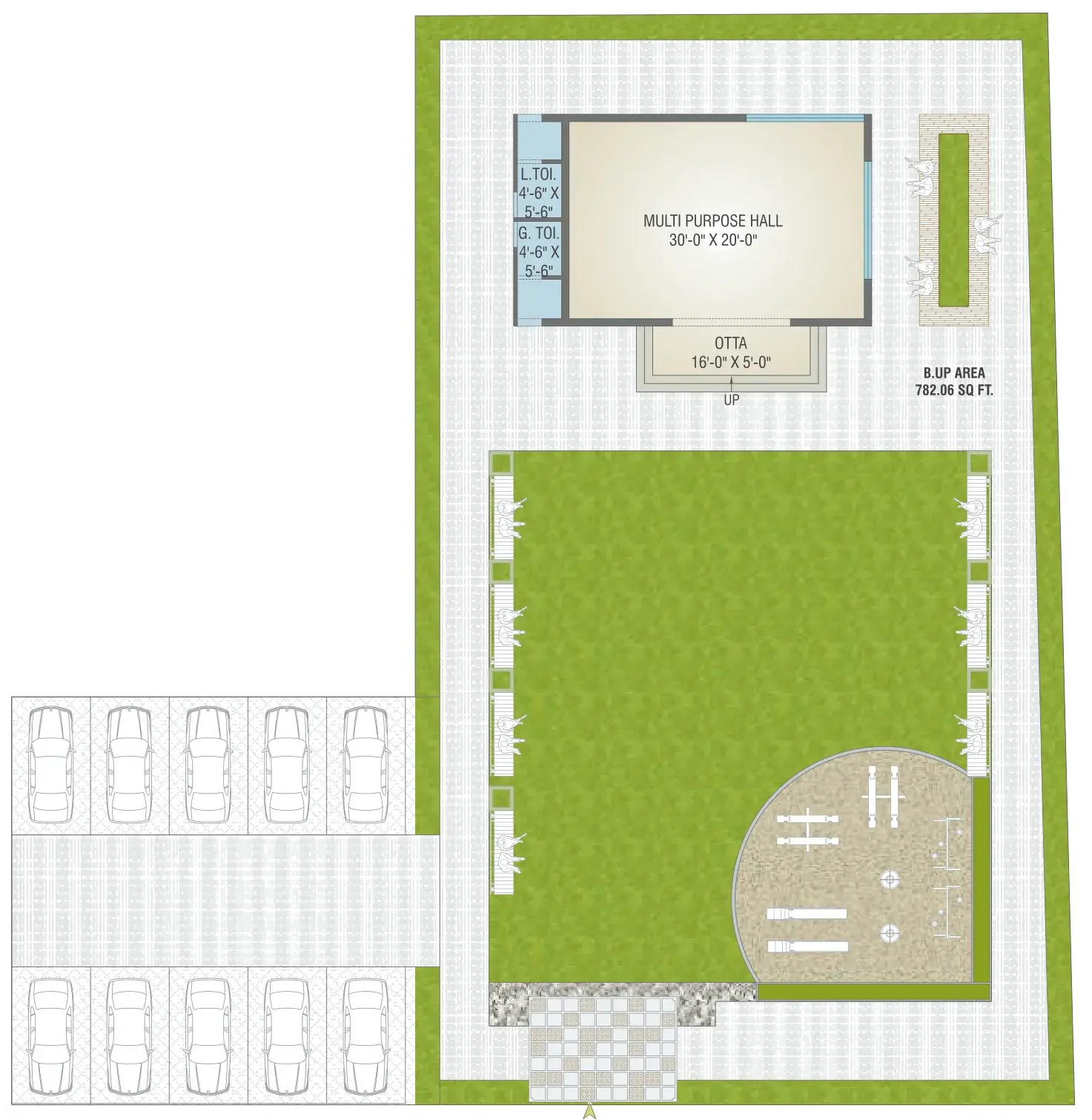 Clubhouse plan with multipurpose hall, garden and parking