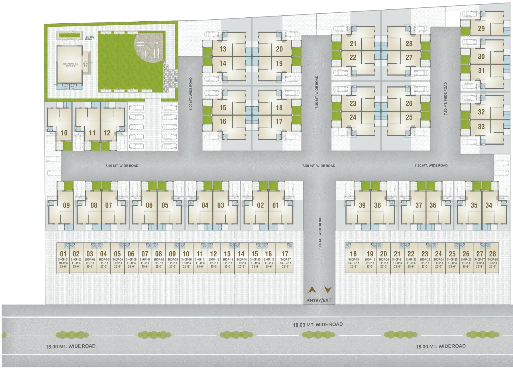 Layout plan showing the bungalow plots, shops, clubhouse and internal roads
