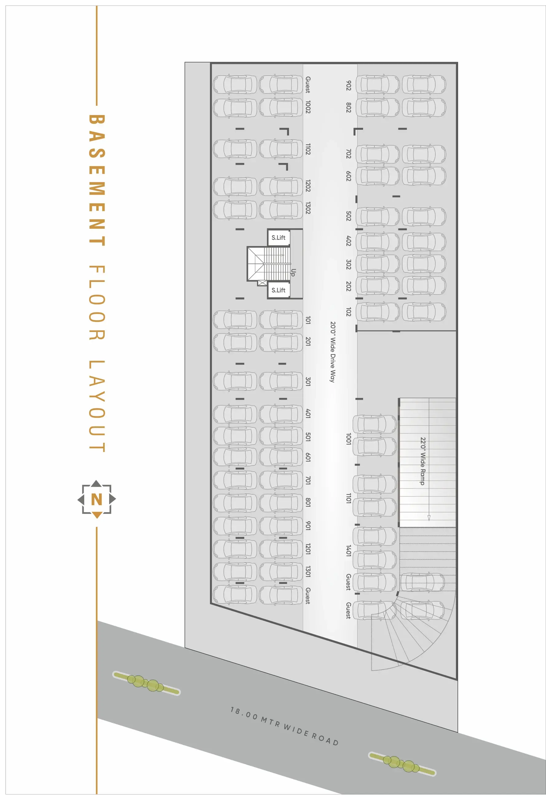 Basement parking layout with allotted and guest bays