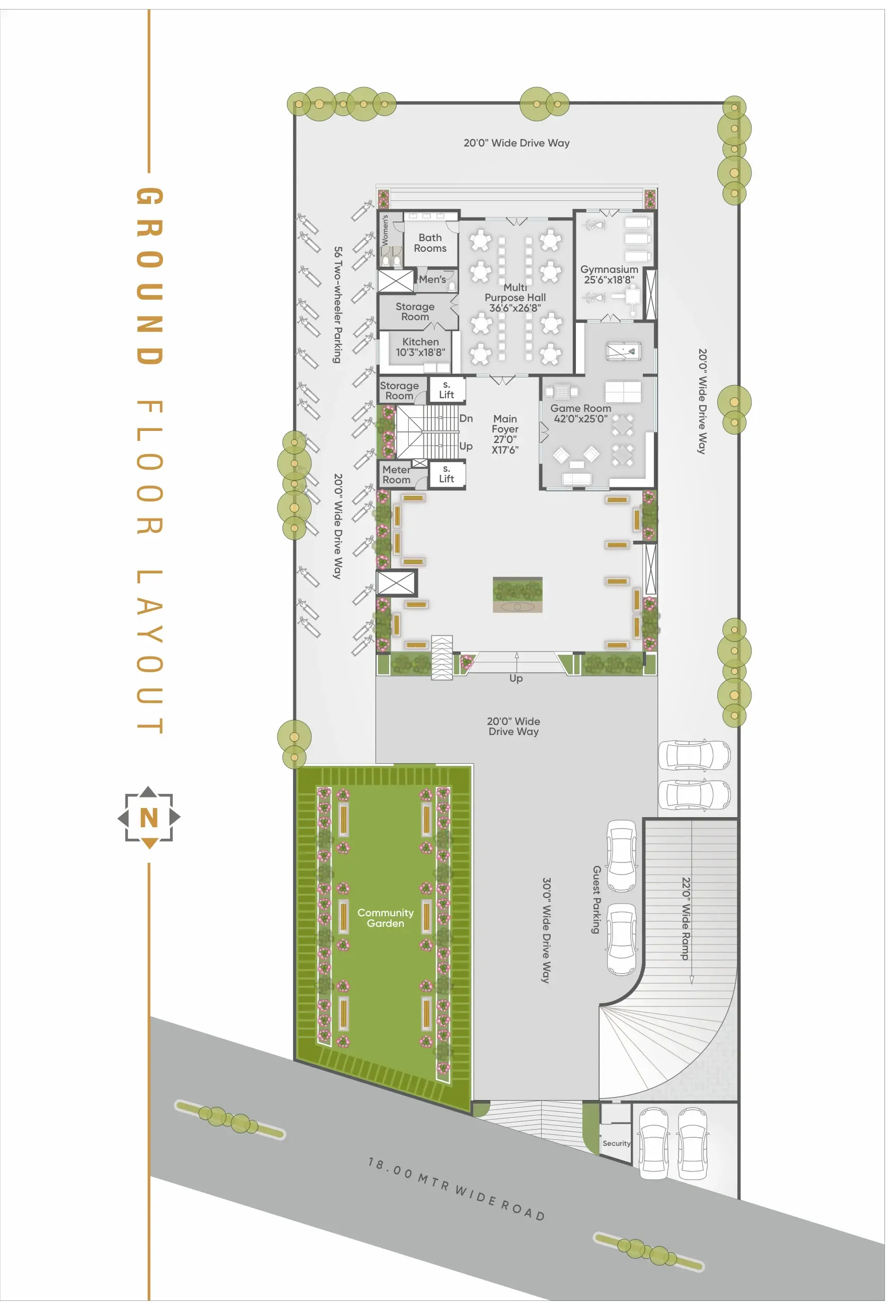 Ground floor layout showing the multipurpose hall, gymnasium, game room, main foyer and community garden