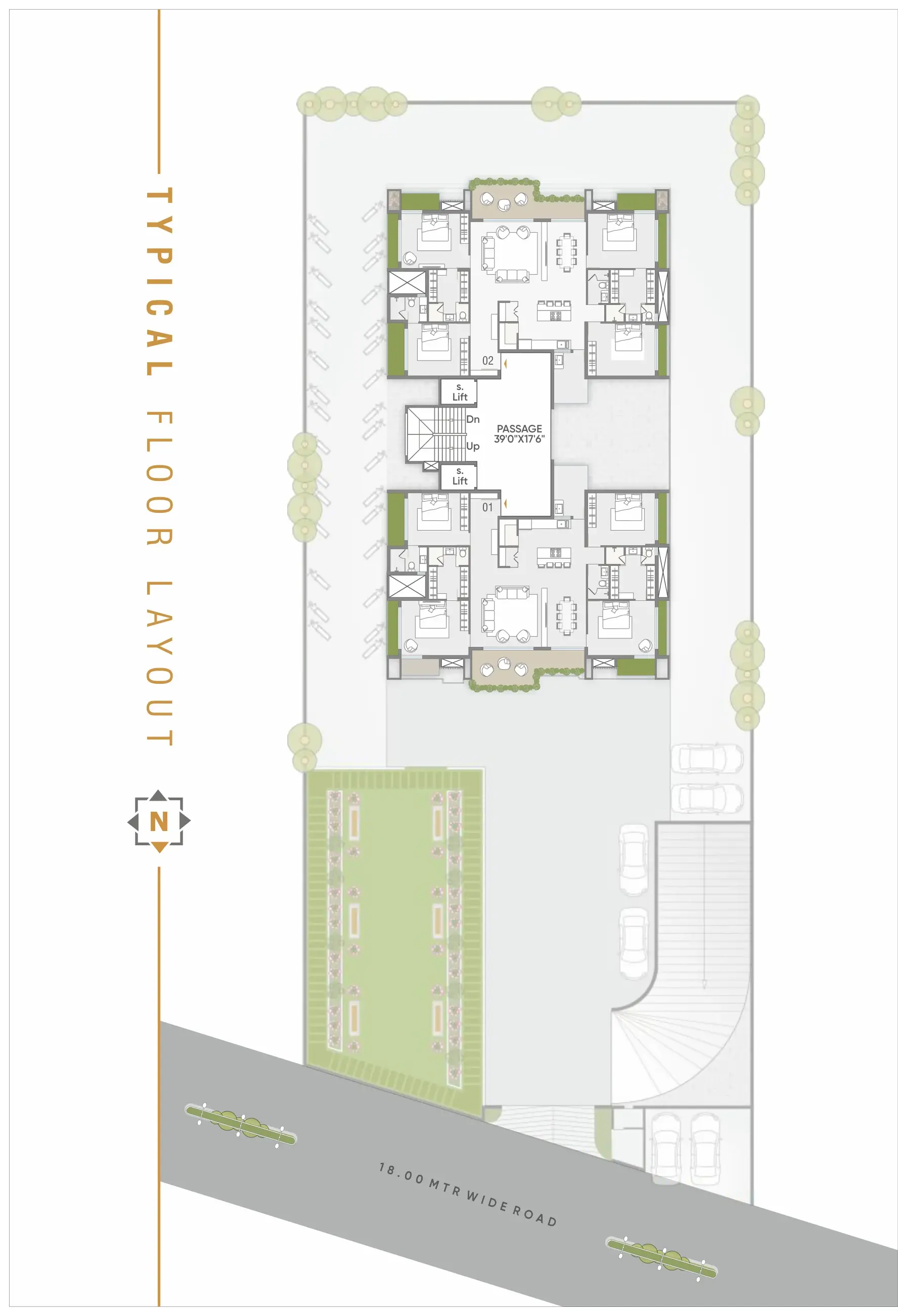 Typical floor layout set on the site, with the two apartments either side of the central passage