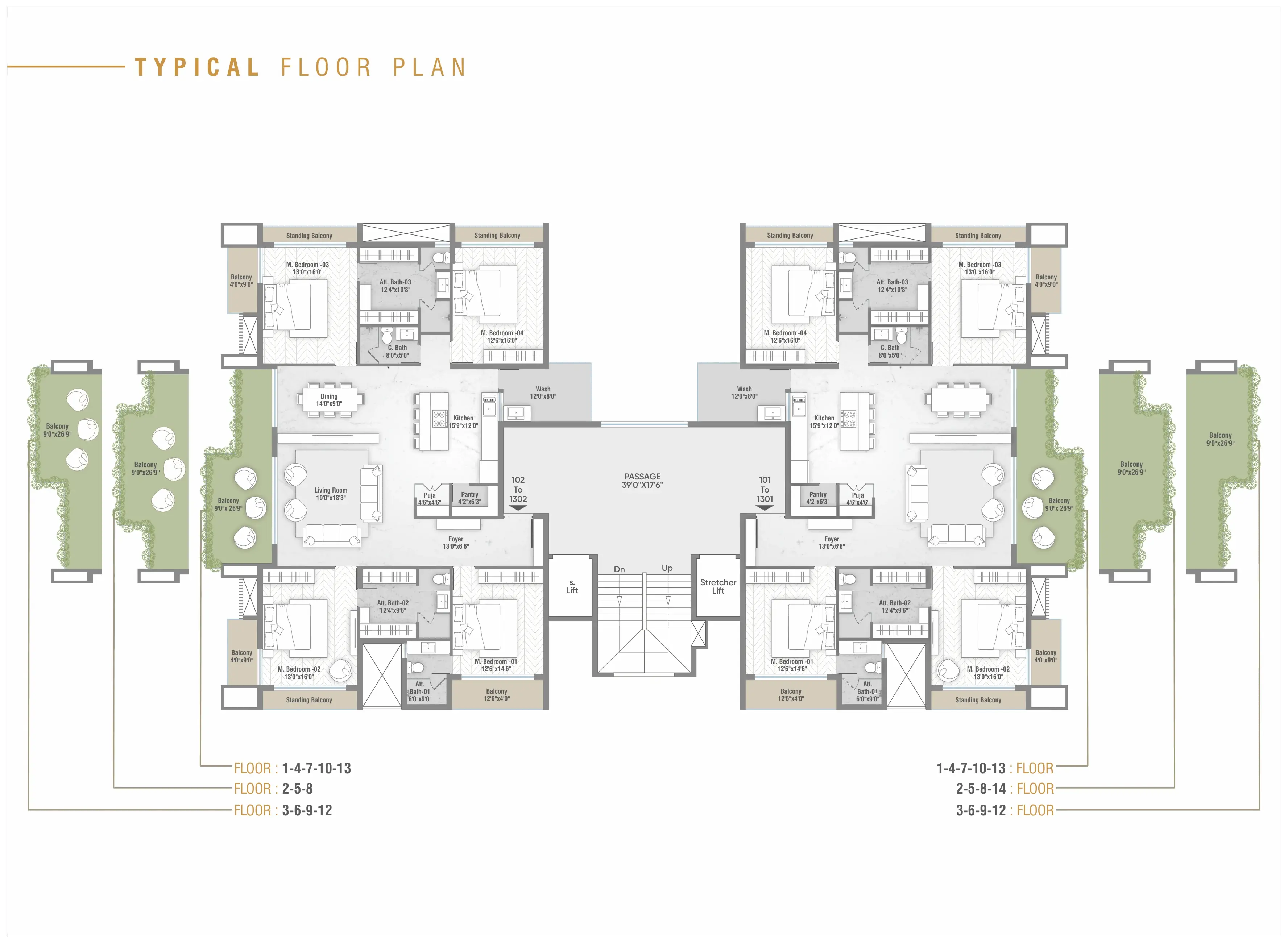 Typical floor plan of both apartments with room names and dimensions
