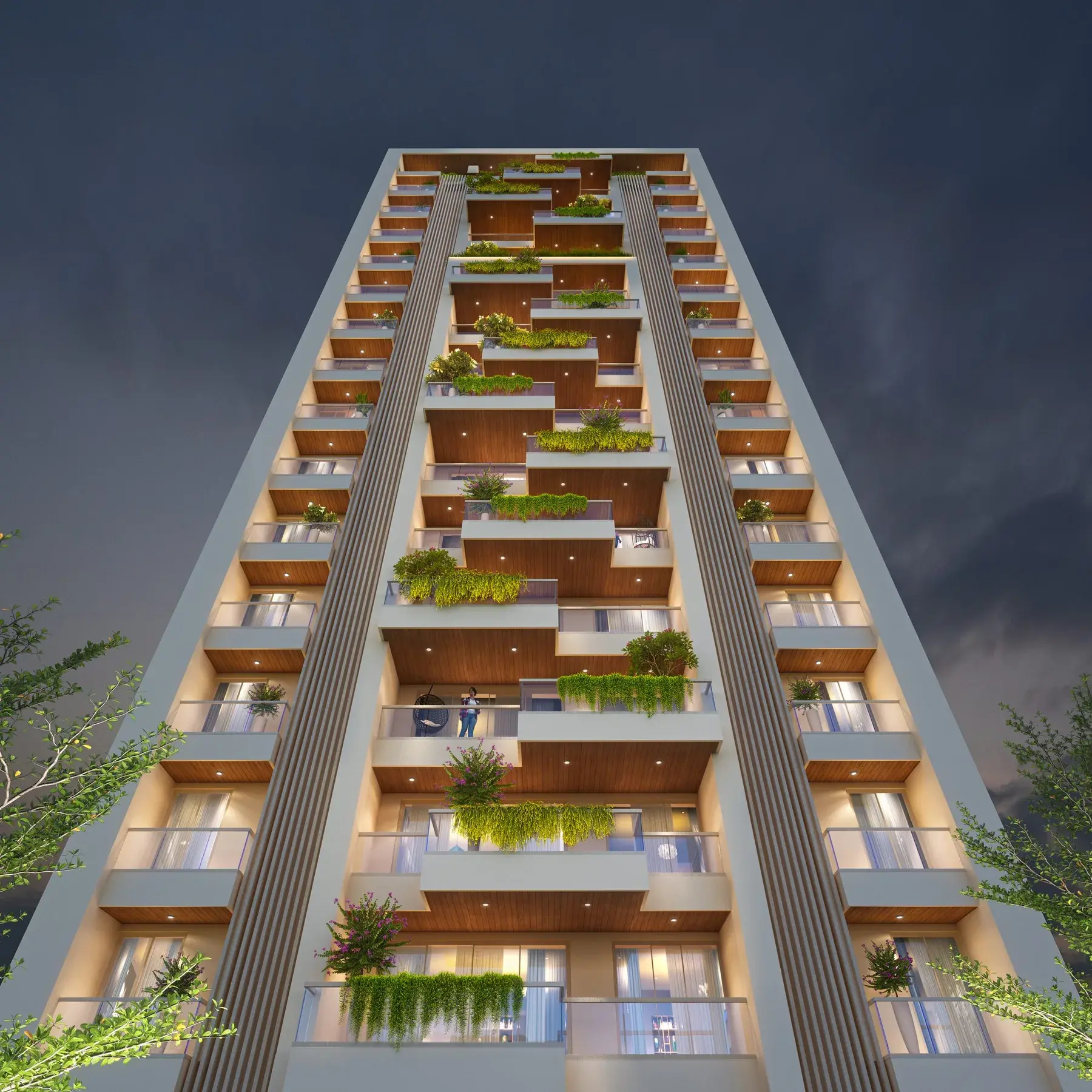 Upward view of the Seven9 Signature tower facade
