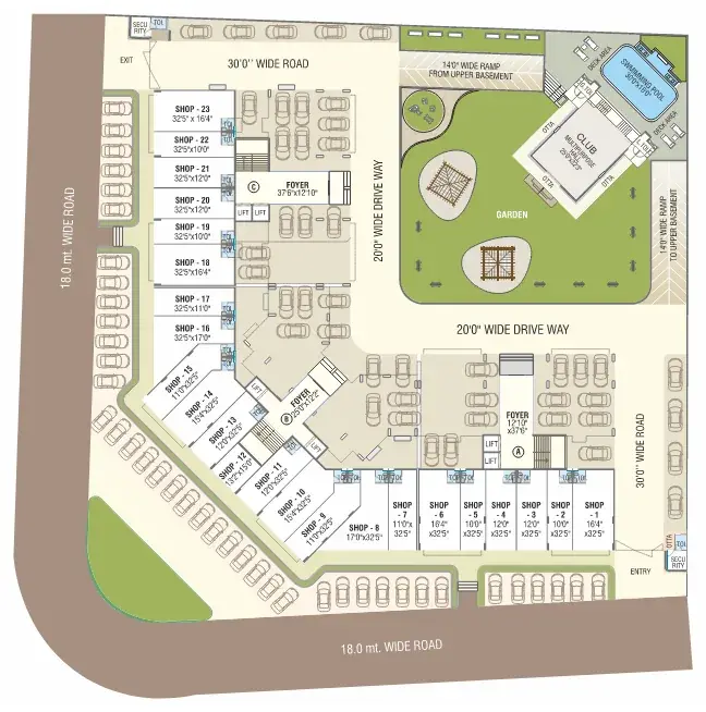 Ground floor layout showing retail shops, clubhouse, and landscaped garden