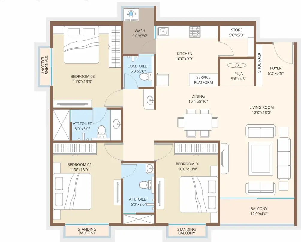 Floor plan diagram for the 3BHK Type 1 configuration, Tower A & C