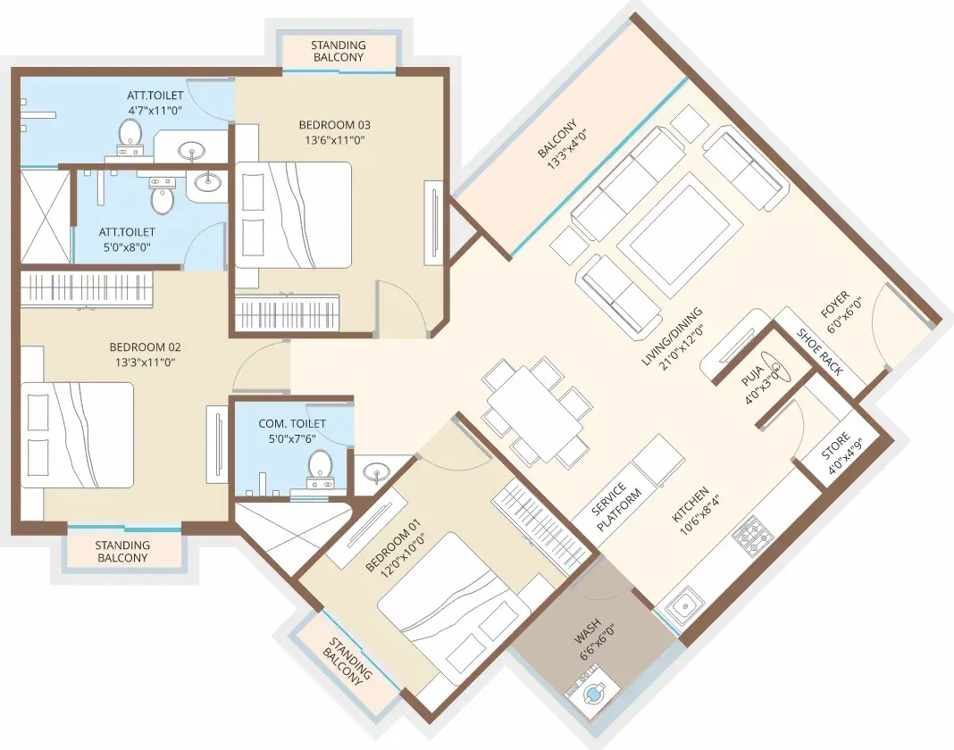 Floor plan diagram for the 3BHK Type 2 configuration, Tower B
