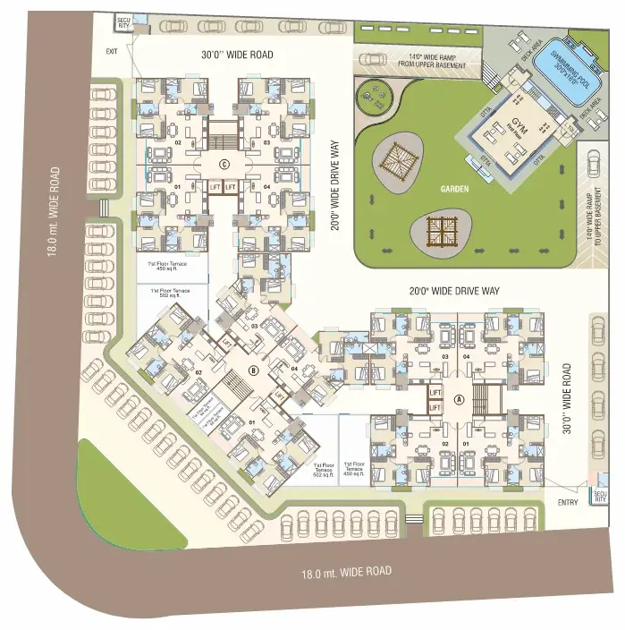 Typical upper floor layout showing all apartment clusters