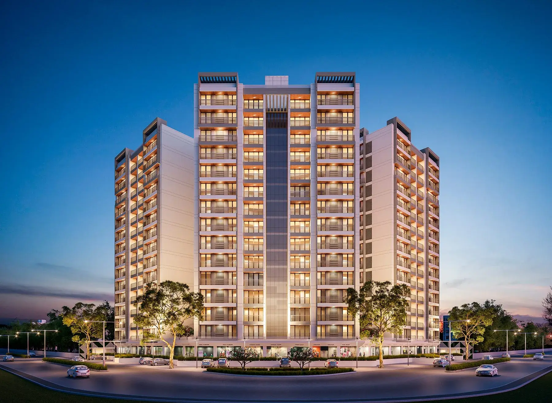 Twilight exterior render of Seven9 Sky with ground-floor retail lit up