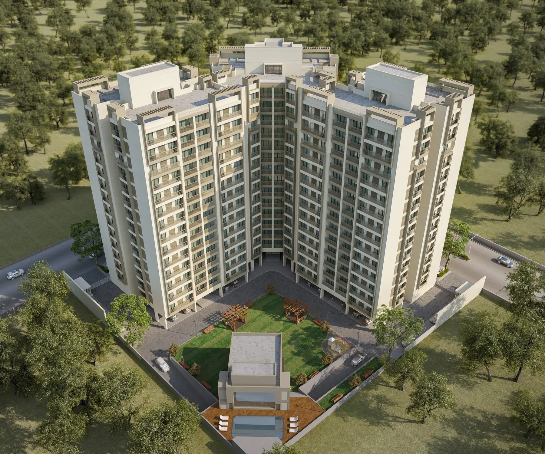 Aerial render of the Seven9 Sky courtyard, garden, and pool deck
