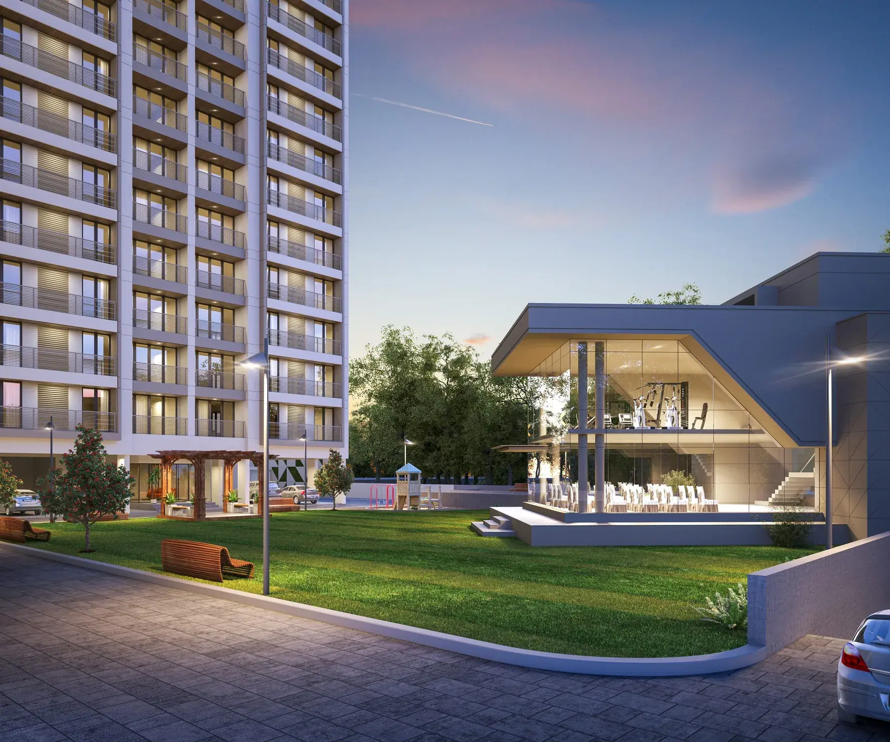 Render of the Seven9 Sky clubhouse with glass-fronted gym and multipurpose hall