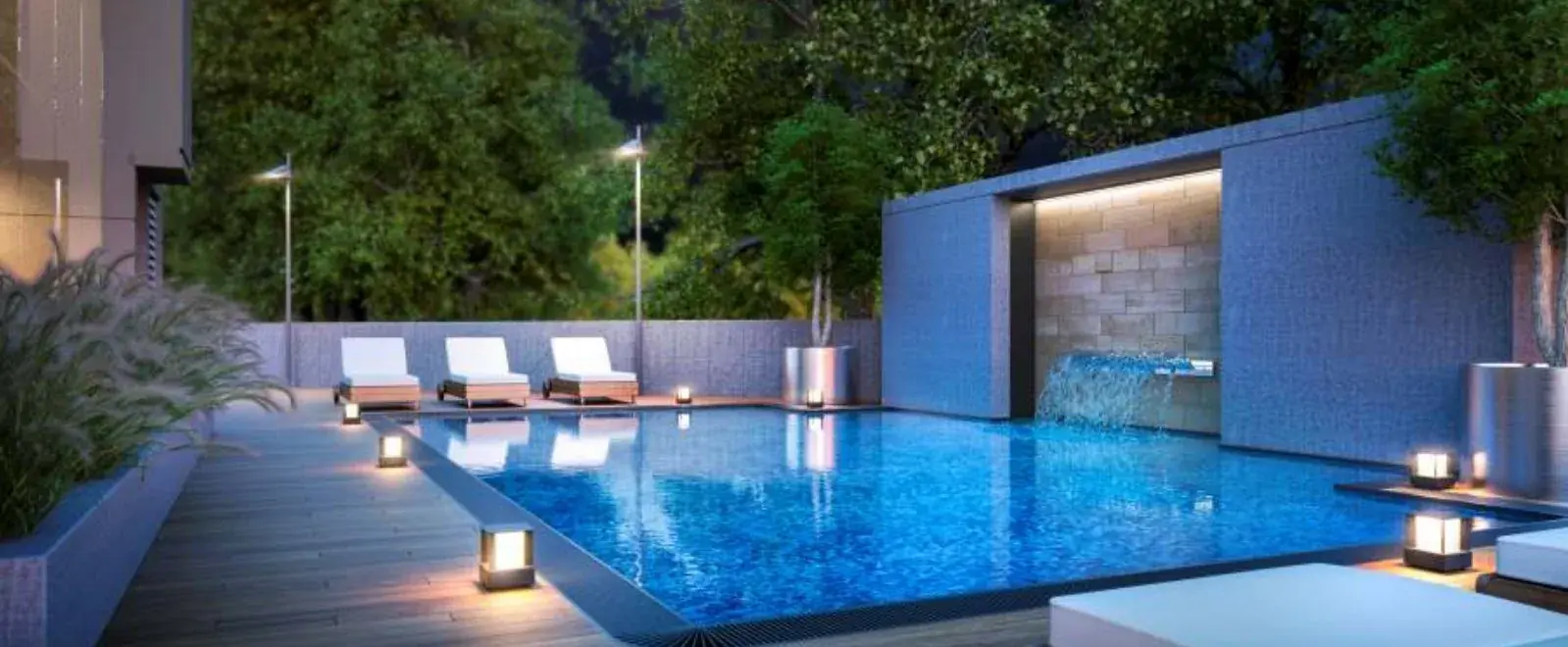 Evening render of the Seven9 Sky swimming pool deck