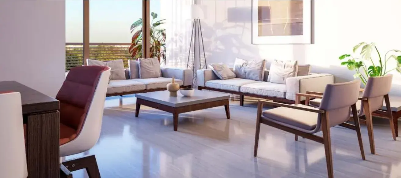 Render of a living room interior at Seven9 Sky