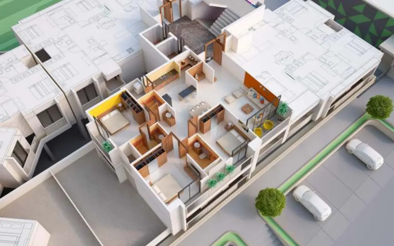 3D cutaway render of a Seven9 Sky apartment layout