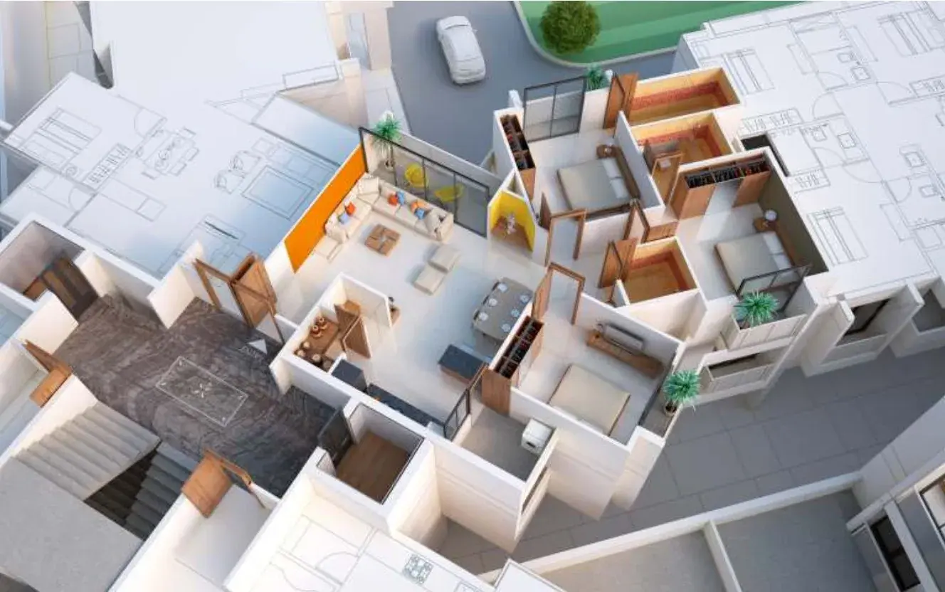 3D cutaway render of a Seven9 Sky apartment layout, alternate unit