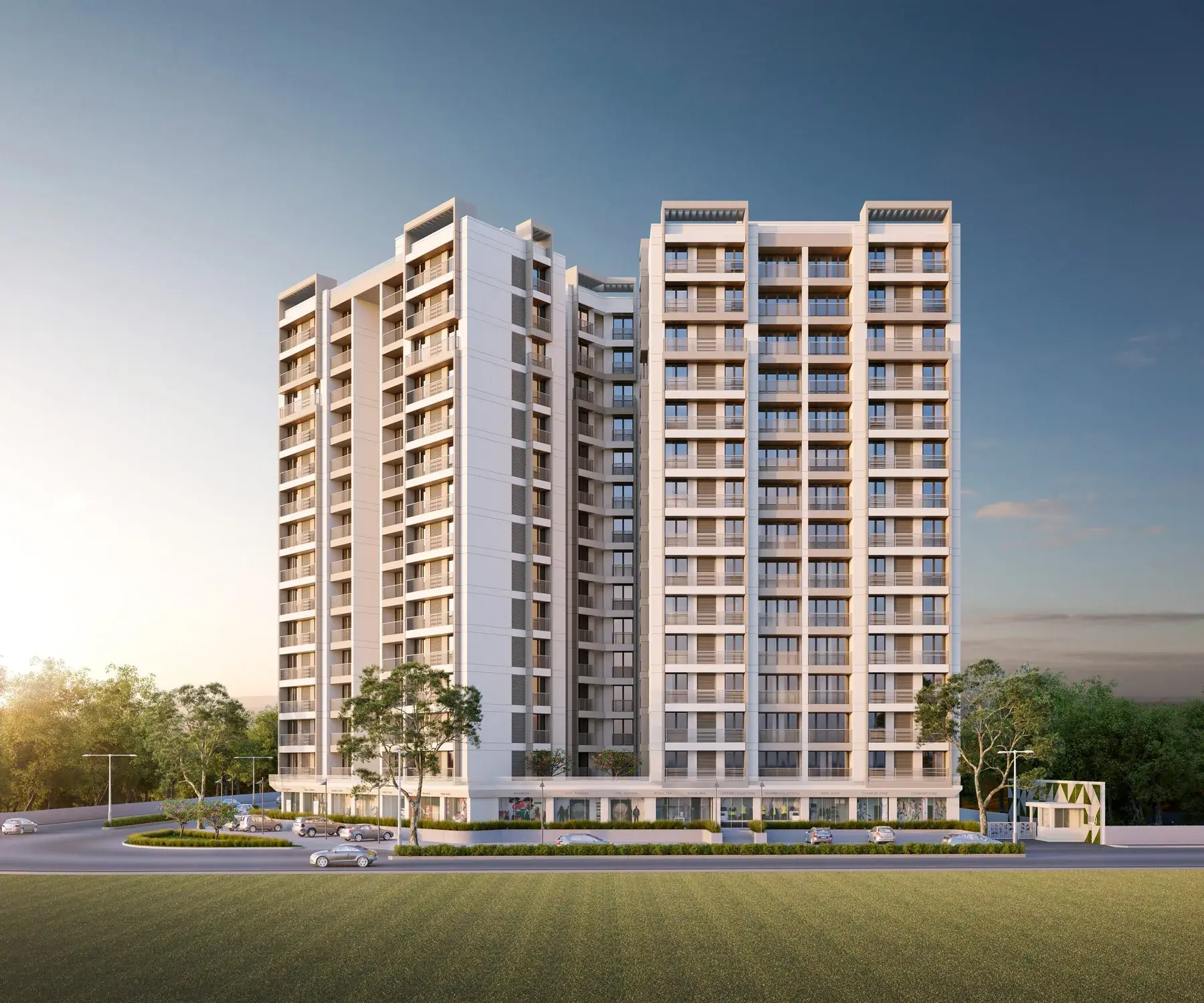 Daytime exterior render of Seven9 Sky, two residential towers with ground-floor retail