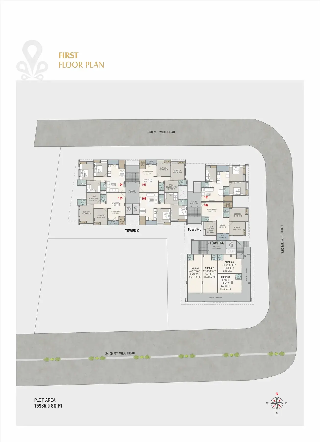 First floor plan with the first residential units above the shops