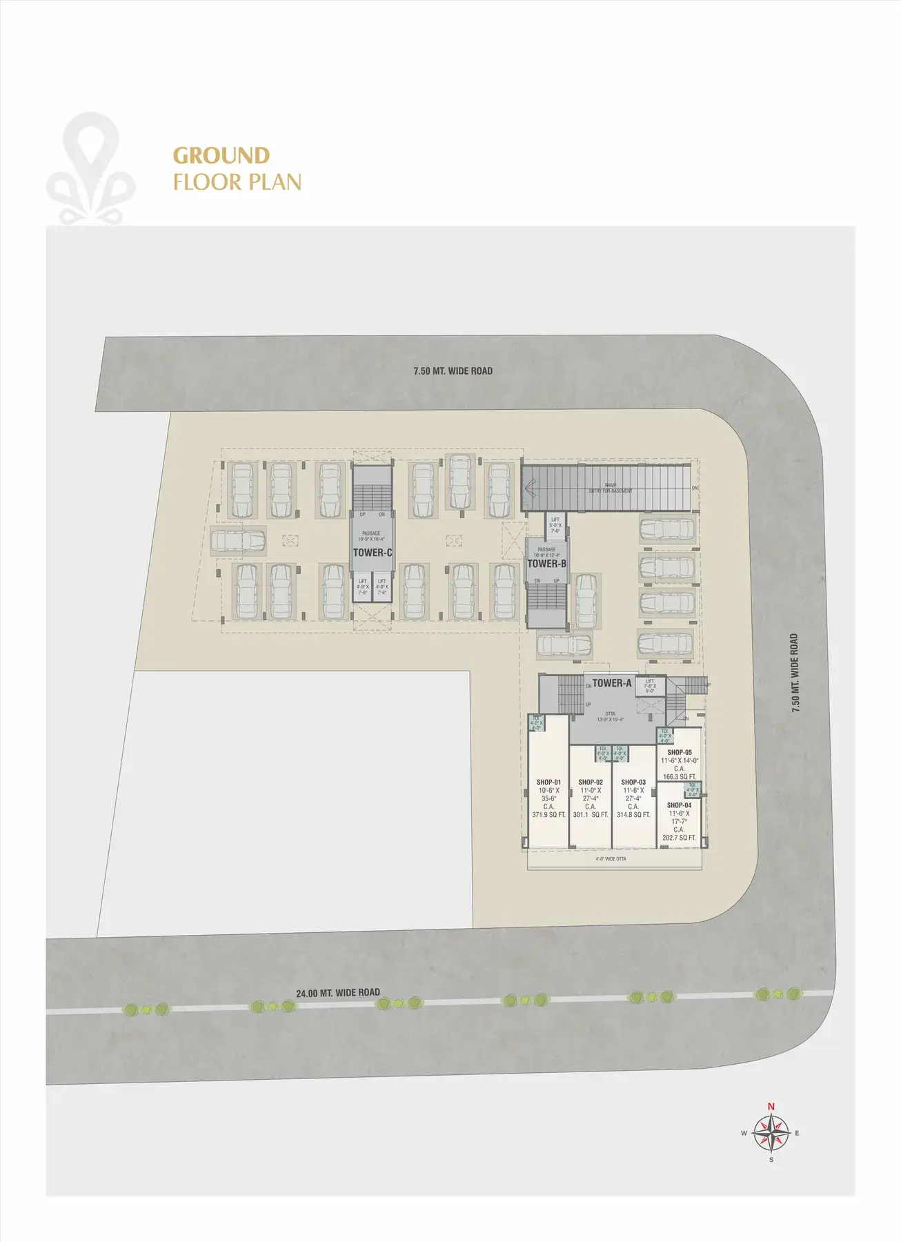 Ground floor plan showing the five shops, parking and tower entrances
