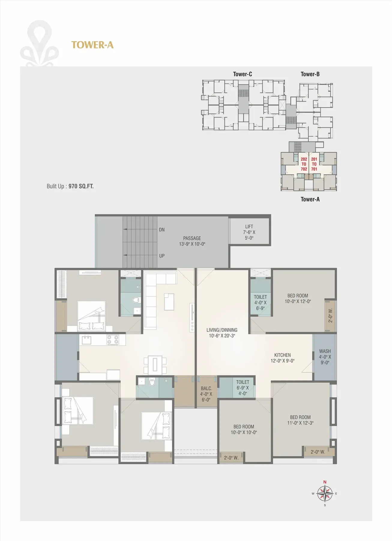 Unit plan of a 3BHK apartment in Tower A