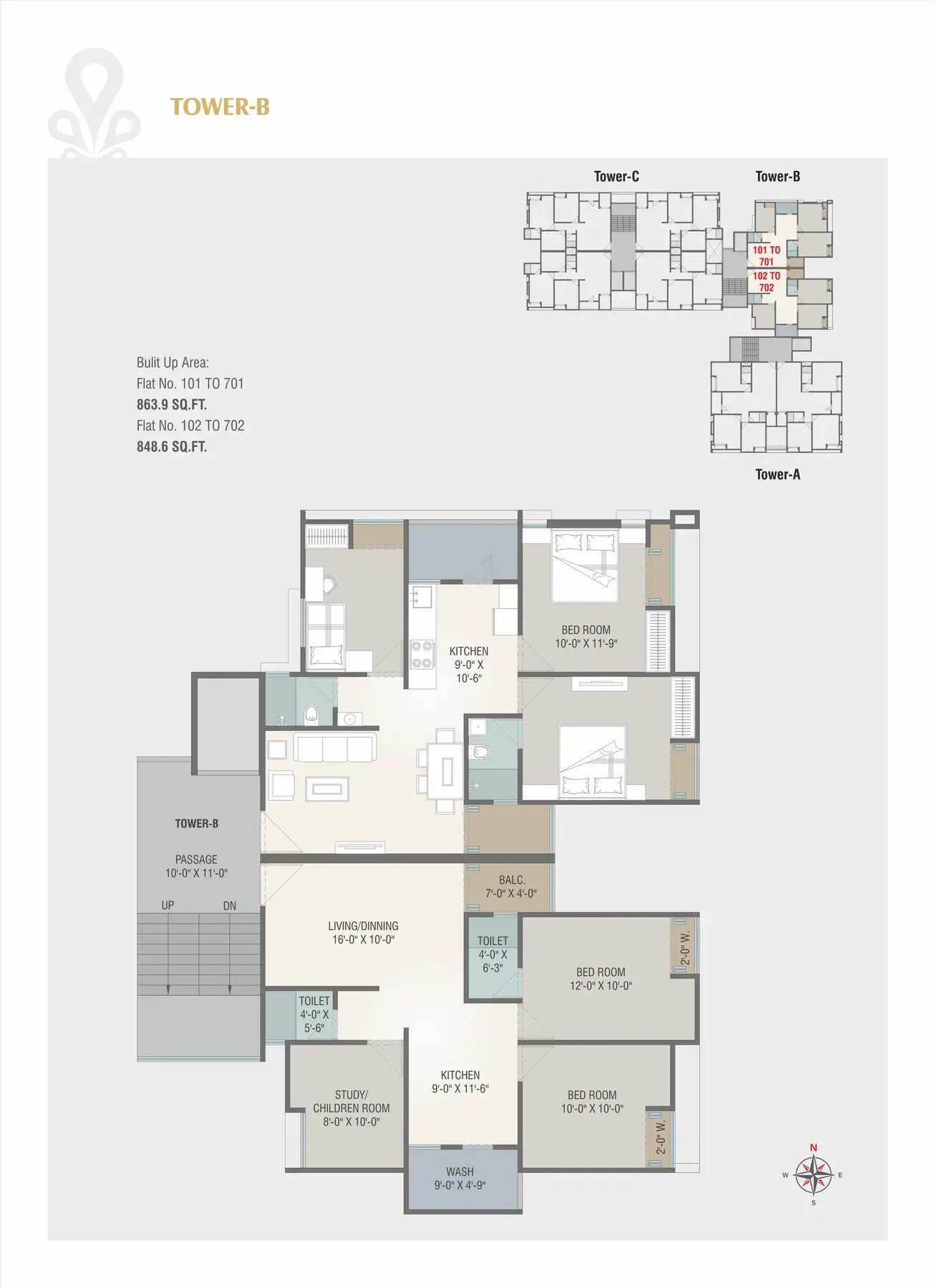Unit plan of the two 3BHK apartments in Tower B