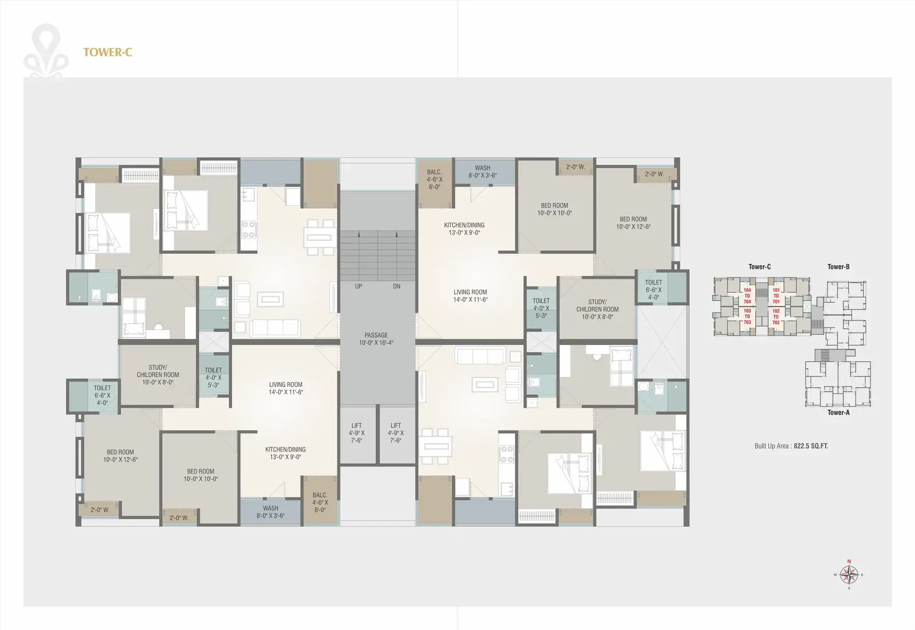 Unit plan of a 3BHK apartment in Tower C
