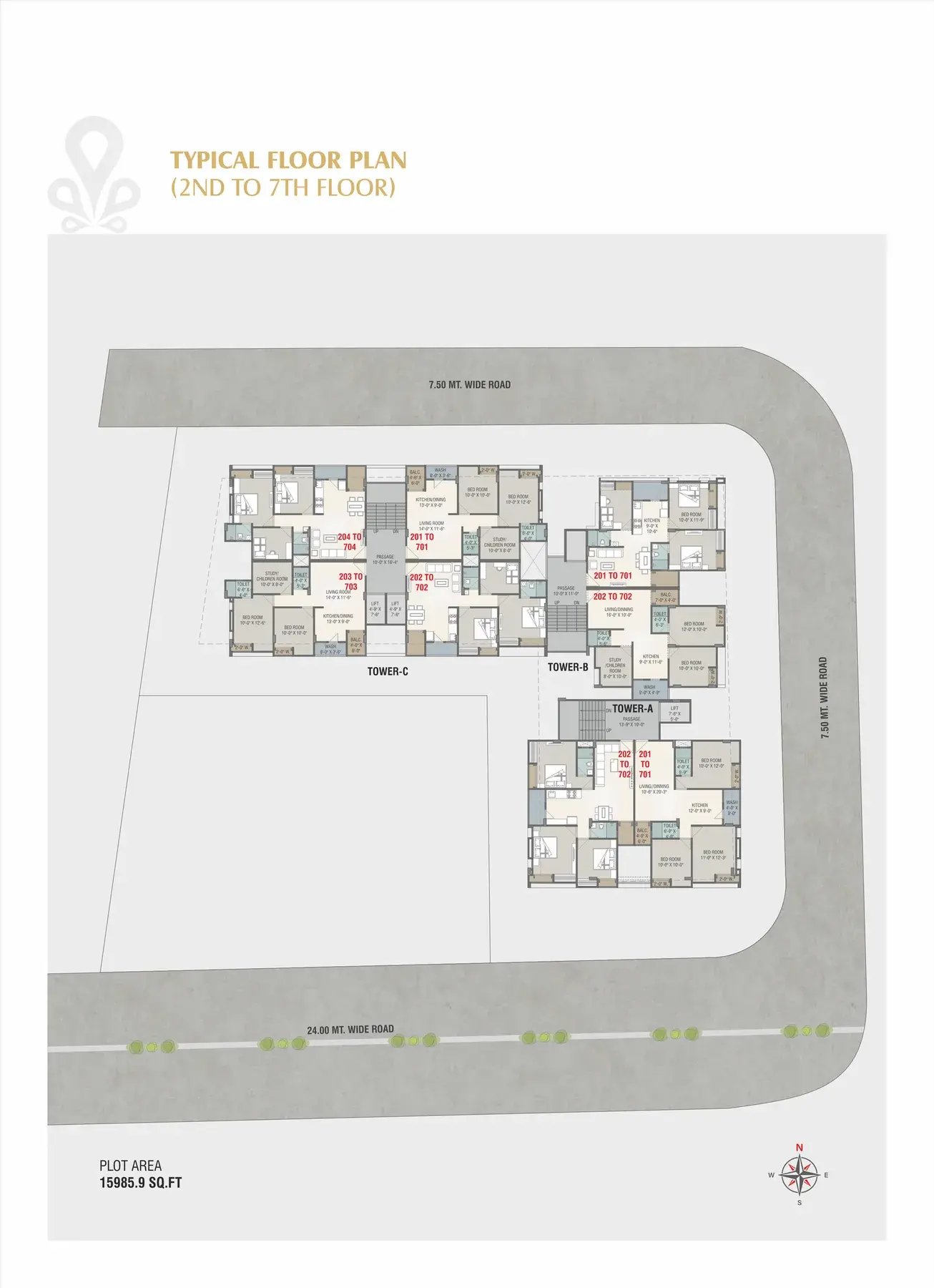 Typical floor plan for floors 2 to 7 across all three towers