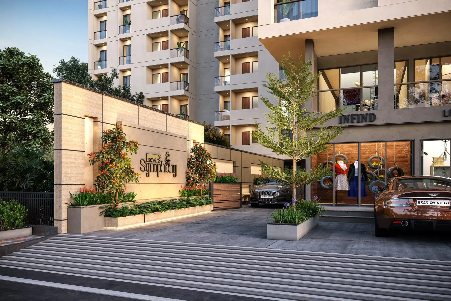 Entrance signage and ground-floor shops at Seven9 Symphony