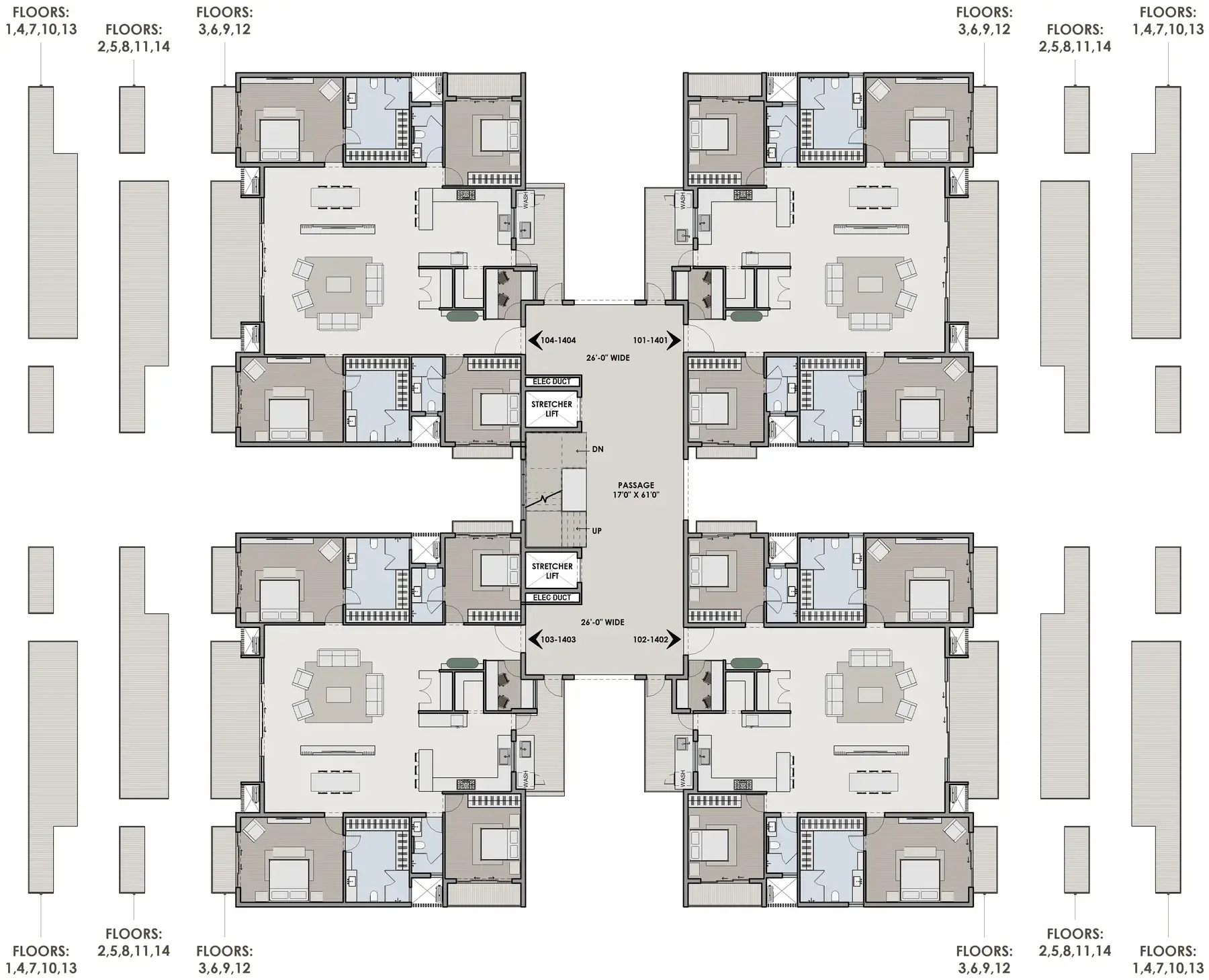 Typical floor plan showing the three balcony size options by floor group