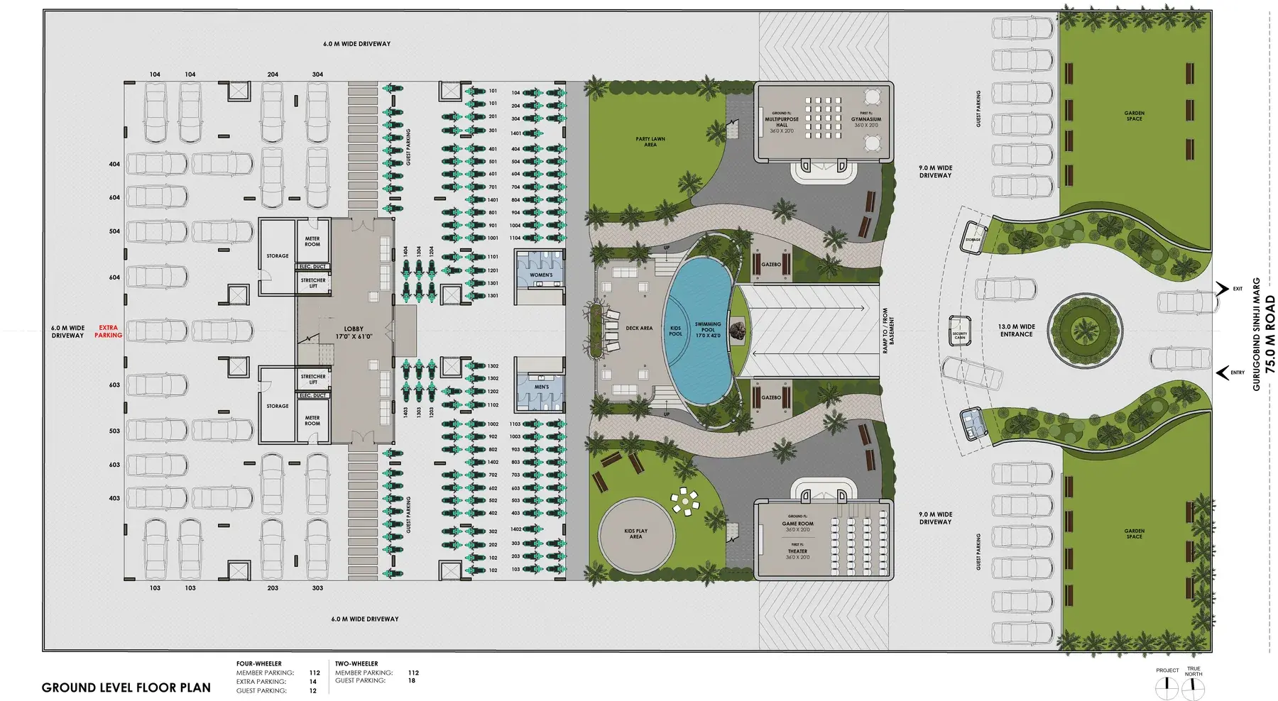 Ground floor plan showing the lobby, parking, pool and clubhouse