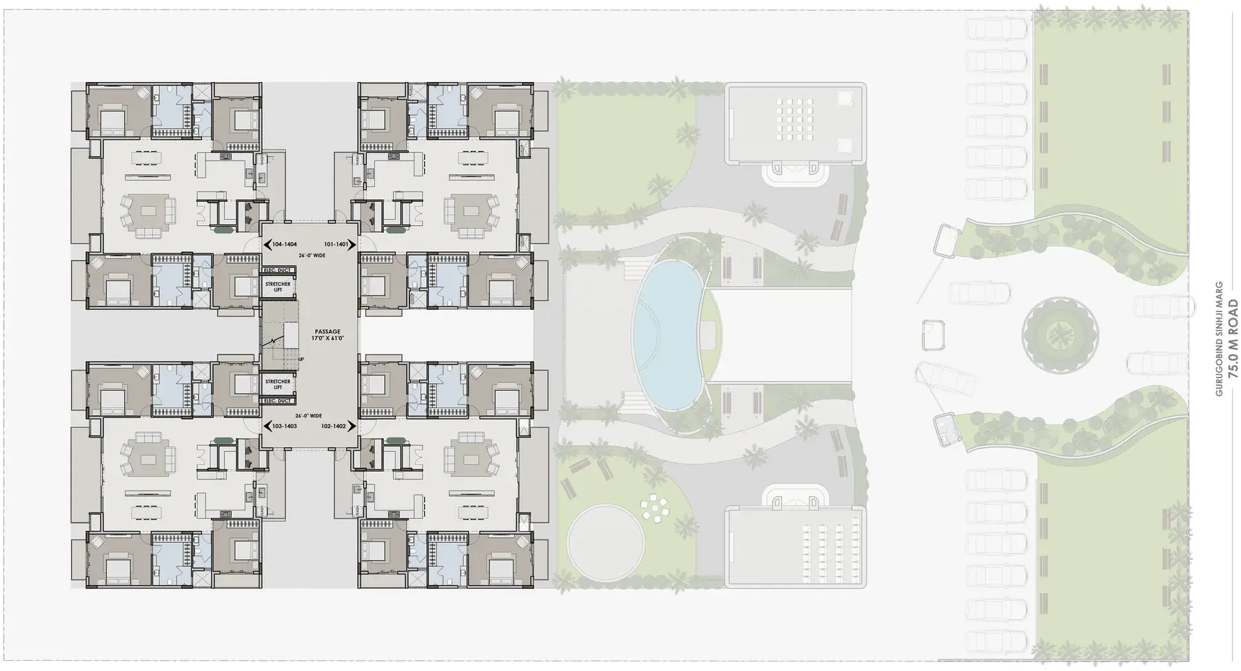 Typical floor plan with four apartments around a central passage